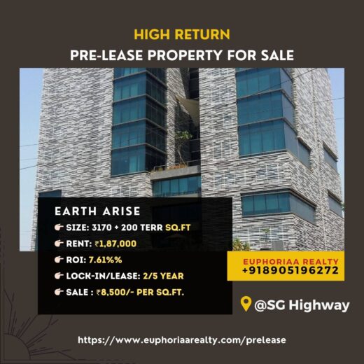 3170 sqft pre-lease office space with an additional 200 sqft terrace for sale at Earth Arise, Nr. YMCA Club, S.G Highway - Offering 7.61% ROI