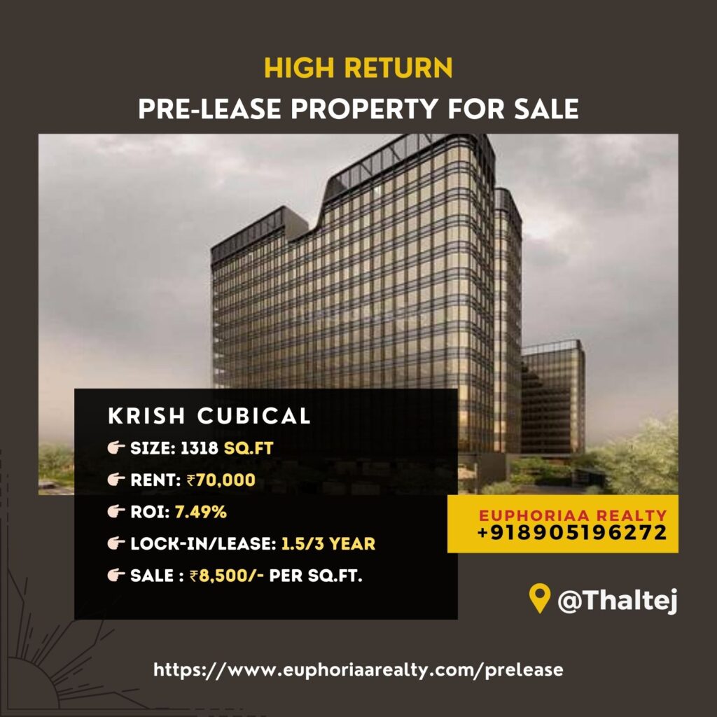 Exterior view of 1318 sq.ft pre-lease office space for sale at Krish Cubical, Thaltej - High ROI of 7.49%