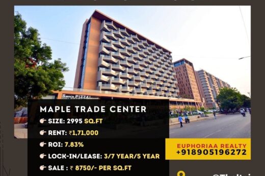 Exterior view of 2995 sq.ft road-facing pre-leased office space for sale at Maple Trade Centre, Thaltej Ahmedabad - Offering 7.83% ROI